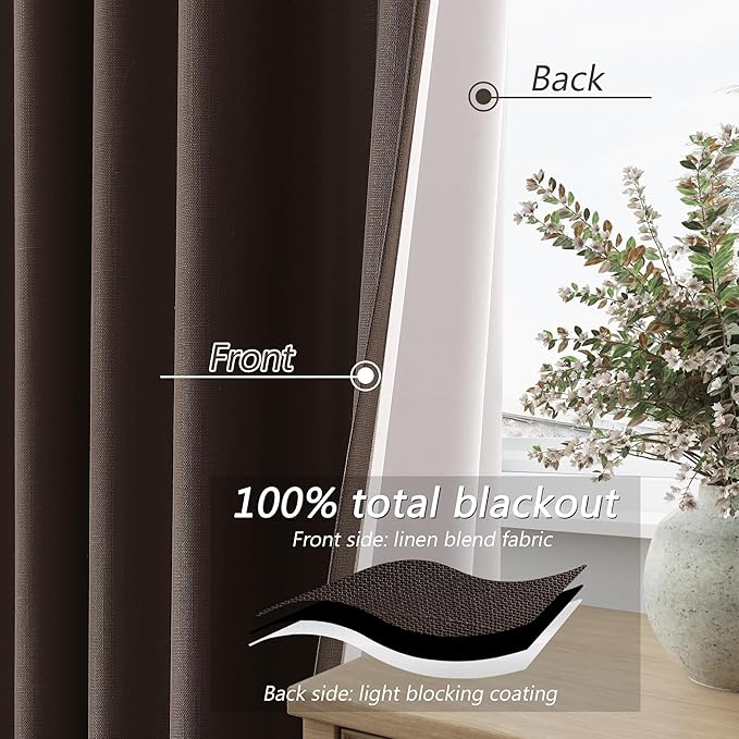 Guken Brown 100% Blackout Curtains 72 Inch Length 2 Panels Set for Living Room Bedroom Back Tab Thermal Insulated Black Out Linen Drapes Room Darkening Window Curtains 52 Inches Width