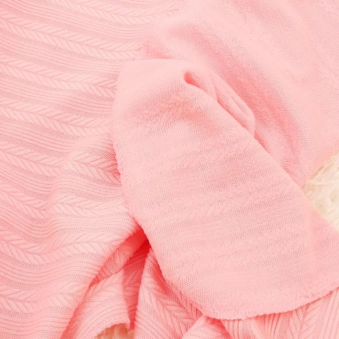 BQUBO Baby Swaddle Blankets for Girls, 4PCS Newborn Accessories Set with Hat and Bow Headband with Hello World Wooden Birth Announcement Card, Baby Blankets for Girls (Pink)