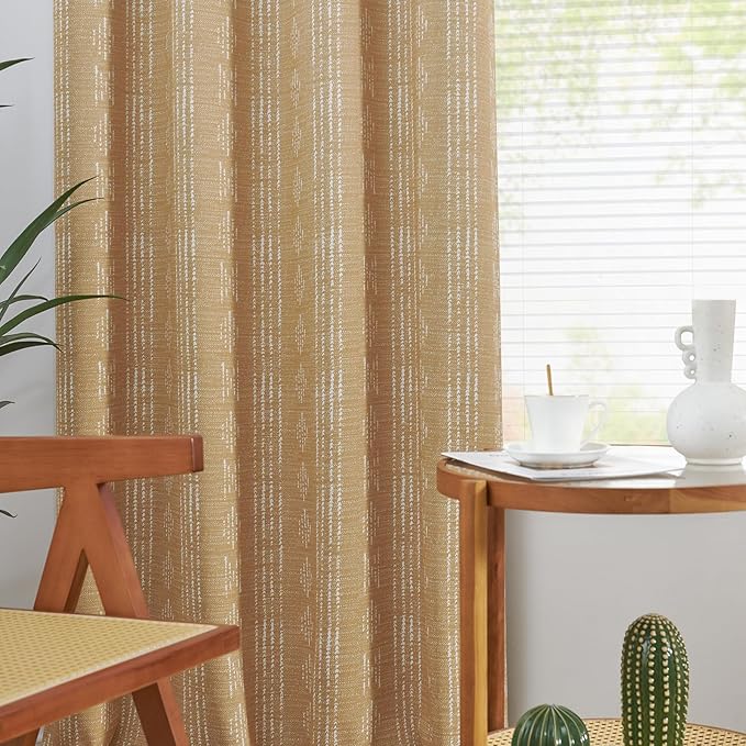 jinchan 95% Blackout Boho Curtains 63 Inch Length for Bedroom Mustard Yellow Geometric Printed Grommet Top Room Darkening Thermal Insulated Window Drapes 2 Panels