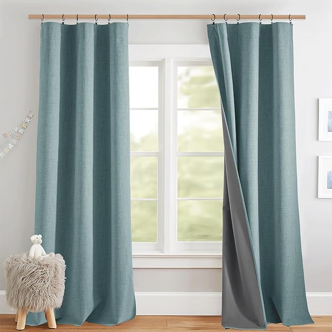 NICETOWN Skylark Blue Full Blackout Back Tab Linen Curtains for Bedroom 84" Long 2 Panels, Boho-Chic Thick Linen Blend Drapes, Insulated Window Cover Draperies with White Backing for Cafe (42" Wide)