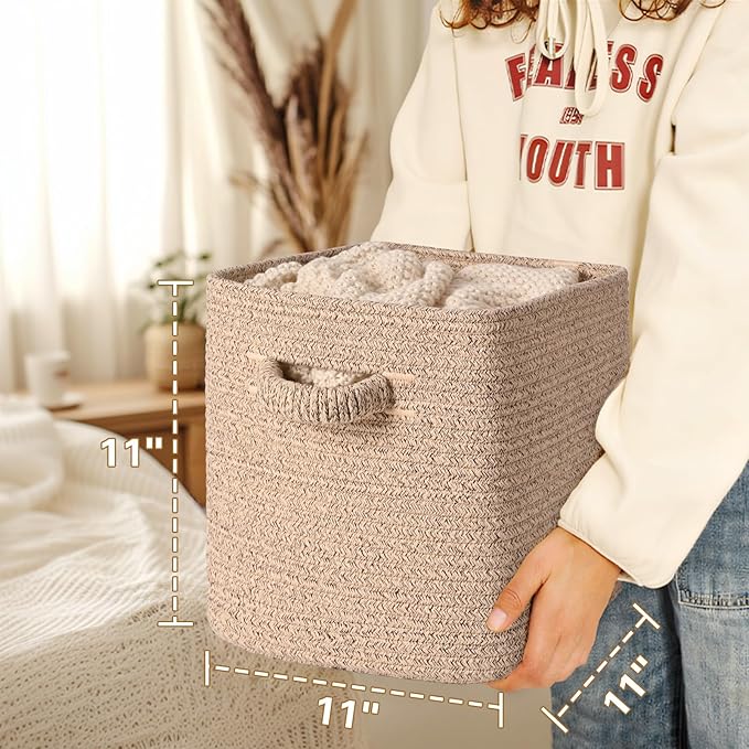 11 Inch Storage Cubes, 3 Pack Cube Storage Bins for Organizing, Cotton Rope Woven Baskets for Shelves, Bathroom, Kids Room, Closets, Baby Nursery