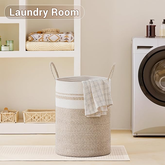 Tall Laundry Basket with Handles, 100L Portable Dirty Clothes Hamper, Boho Cotton Rope Storage Bin for Blankets Kids Toys Gifts, Extra Large Organizer for Nursery Bedroom Bathroom, New Brown