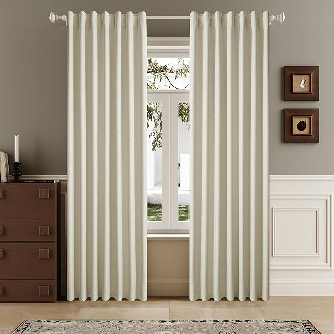 DUALIFE Faux Linen Blackout Cream Beige Curtains 80 Inch Long,Farmhouse Back Tab Rod Pocket Curtains Room Darkening Thermal Insulated Drapes for Bedroom Living Room,W50 x L80,2 Panels