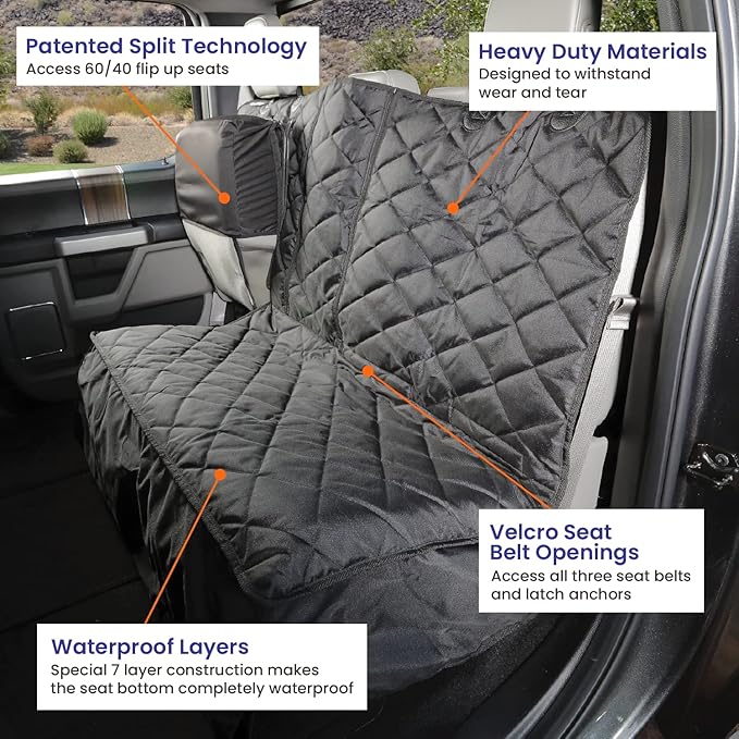 4Knines Bench Seat Covers for Trucks with Dog Hammock & Split-Tech - Rear Seat Protector for Dogs Fits Full Size Crew Cab with Split Bench Seats - Waterproof Dog Seat Cover (Passenger Side, Grey)