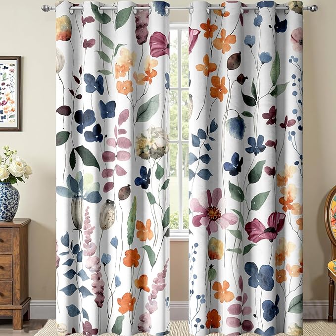Boho Vintage Floral Blackout Curtains, Retro Watercolour Colorful Plant Leaf Flower Design Window Drapes, Living Room Bedroom Decor 2 Panels 52x63 Inch