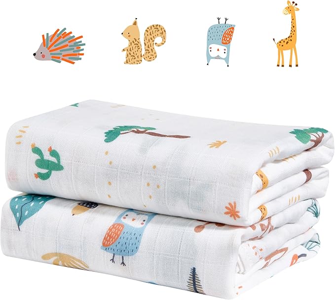 2-Pack 100% Cotton Muslin Swaddle Blankets, Large 47 x 47 Inches — Breathable Soft Receiving Blankets for Newborns, Swaddling Wraps, Baby Essentials, Registry Gift (Forest & Giraffe Duo)