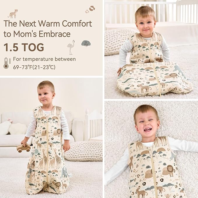 Unnivoll Baby Sleep Sack 0-6 Months 1.5 Tog Baby Wearable Blanket 100% Cotton Fabric Warm Sleeping sack with 2-Way Zipper Quilted for Infant Newborn Tog Apricot Elephant