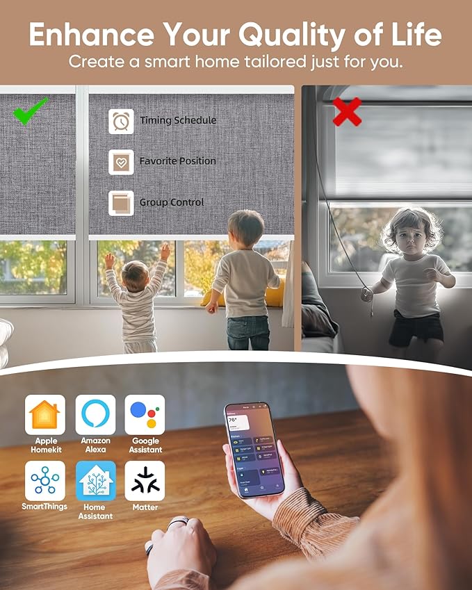 Kincmo Motorized Blinds with Remote,100% Blackout Motorized Roller Shades Work with Apple Homekit,Alexa,Google, Custom Electric Blinds with App,Voice Control (Dual Sided Dark Grey)