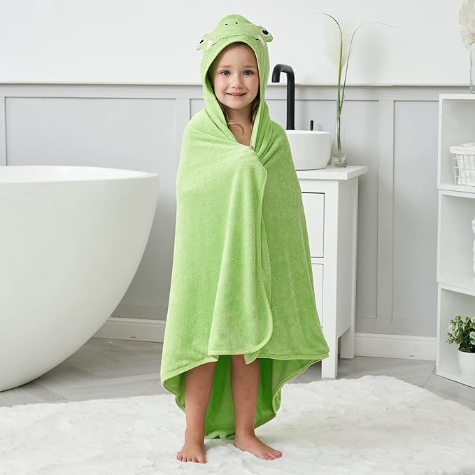 HIPHOP PANDA Hooded Towel - Rayon Made from Bamboo, Bath Towel with Bear Ears for Newborn, Babie, Toddler, Infant - Absorbent Large Baby Towel - Frog, 30 x 40 Inch