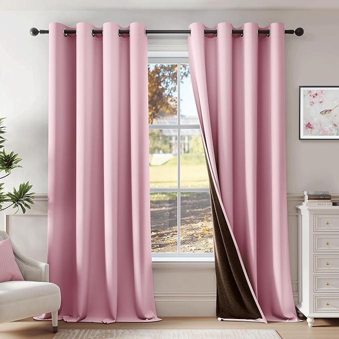 Beauoop Pink 100% Blackout Curtains 84 Inch Long 2 Panels for Bedroom Living Room Solid Room Darkening Thermal Insulated Soundproof Energy Saving Grommet Top Window Treatment Drapes, 52x84 2 Set