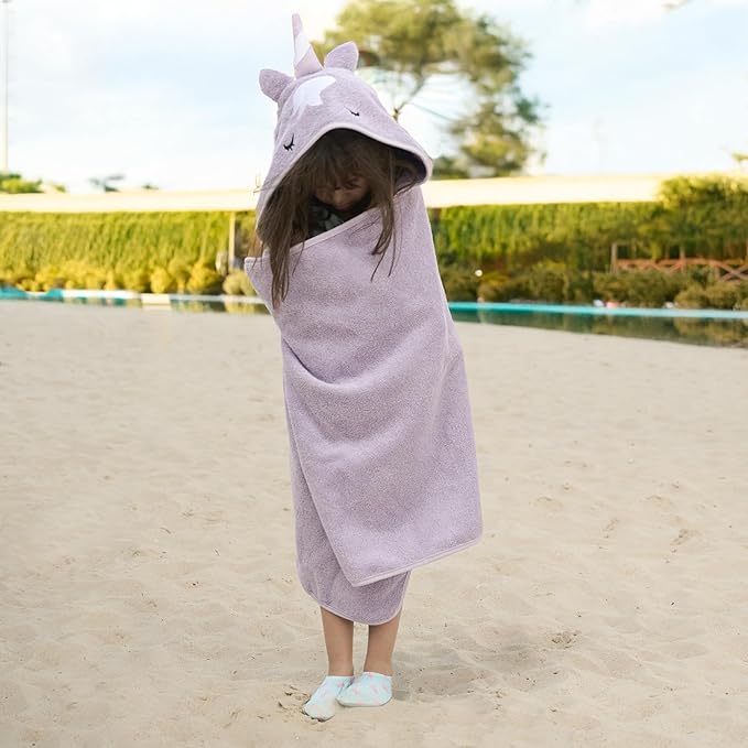 BAGNO MILANO Kids Organic Turkish Cotton Hooded Beach Cover-Up Towel, GOTS Certified, for Boys and Girls (Unicorn Purple, 24"x48"+8"/Hooded Towel)