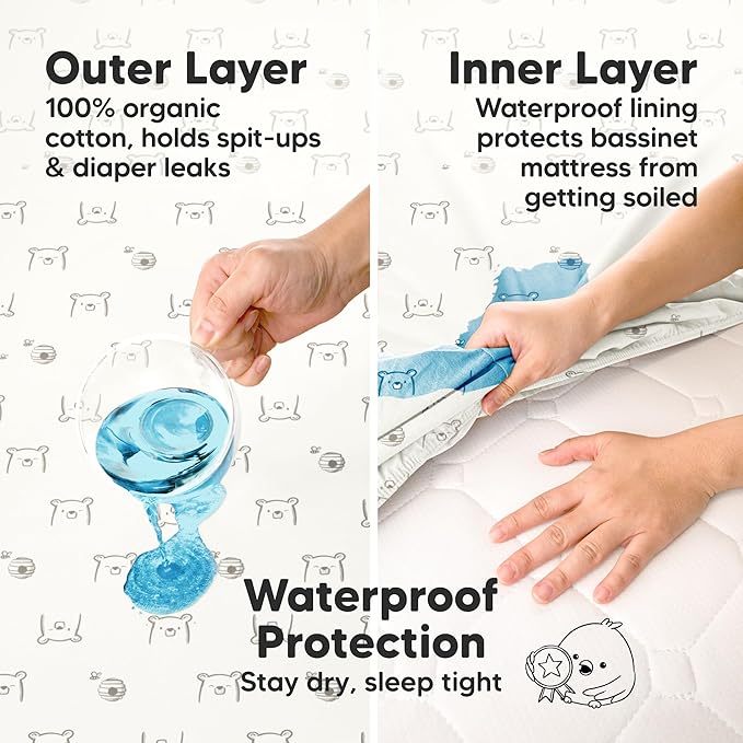 2-pk Waterproof Bassinet Sheets Girls, Boys, Cotton - 33x17 Universal Bassinet Mattress Pad Protector Cover,Compatible with Graco,Baby Delight,Chicco,Halo Bassinest Swivel Sleeper Fitted (Bumble Bear)