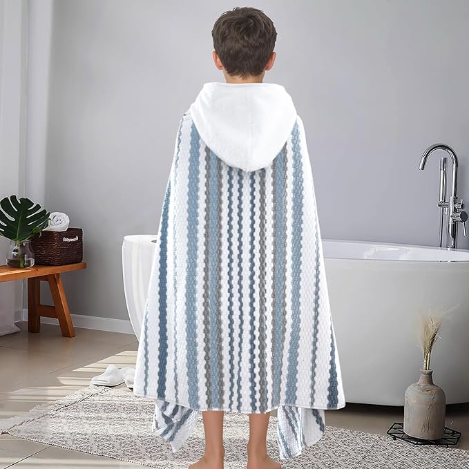 VOOVA & MOVAS Hooded Bath Towel for Teens/Big Kids (8-14 Years,64"X33") | Soft Quick Drying Absorbent 100% Cotton Thick Towel Wrap | Versatile Beach, Pool, Swim & Bathroom Cover-Up | Blue Gray Stripe