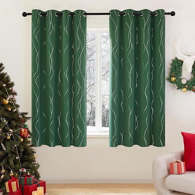 Deconovo Green Curtains, Christmas Blackout Drapes, Thermal Insulated Soundproof Drape, Wave Line Dot Foil Print, 52 x 63 Inch, 2 Panels, Machine‑Washable Window Panel for Living Room Kitchen Nursery