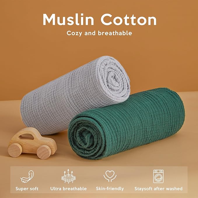 Pro Goleem Muslin Pack n Play Sheets for Boys and Girls, Soft Breathable Cotton Fitted Mini Crib Sheets, Neutral Baby Sheets for Playard Mattress, 2 Pack (Grey＆Green)