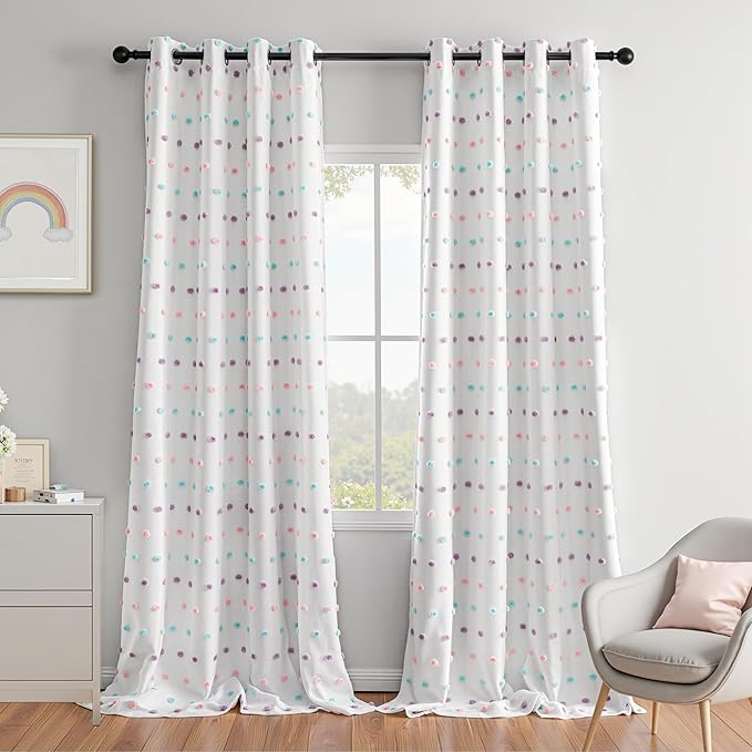 MEETSKY 100% Blackout Curtains for Kids Bedroom 95 Inch Length 2 Panels,Full Light Blocking Curtains for Living Room Grommet Thermal Insulated 2 Layer Drapes with Rainbow Pom Pom Sheer 52" W x 95" L