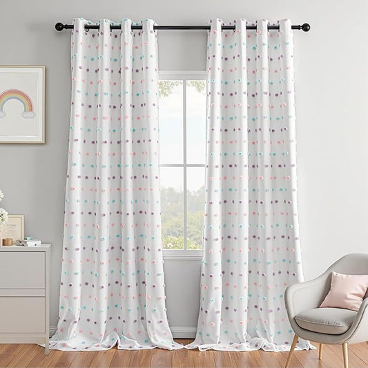 MEETSKY 100% Blackout Curtains for Kids Bedroom 95 Inch Length 2 Panels,Full Light Blocking Curtains for Living Room Grommet Thermal Insulated 2 Layer Drapes with Rainbow Pom Pom Sheer 52" W x 95" L