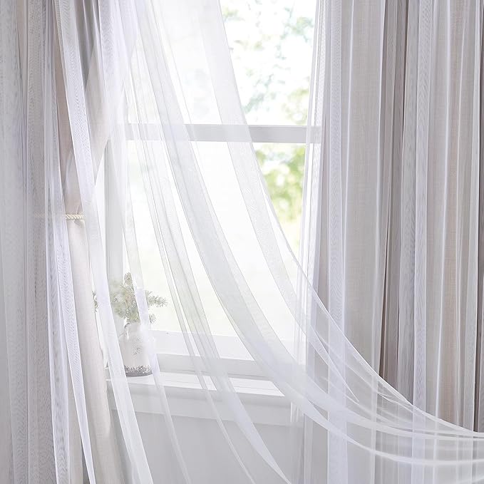 NICETOWN Faux Linen Blackout Curtains with Sheer Overly 84 inch Long for Living Room Bedroom, Grommet Thermal Insulated Curtain Panels for Kids Baby Room, 52" Wide per Panel, 2 Panels, Anogra
