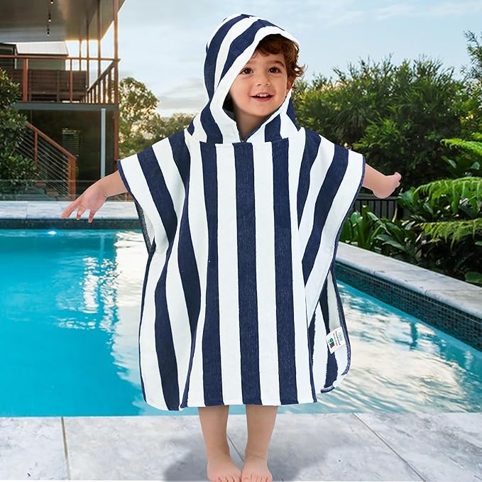 Toddler Poncho Towels with Hood, Oversized (2-4Years,22"X22") Made from 100% Soft Cotton,Absorbent Hooded Towels for Baby Boys,Perfect for Pool | Swimming | Bath | Beach,Navy Blue Stripe