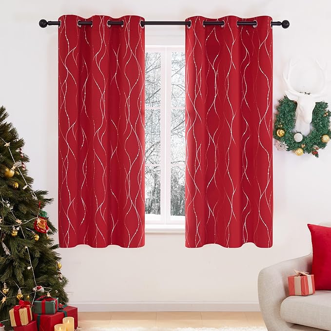 Deconovo Blackout Curtains, Christmas Red Curtain, Thermal Insulated Noise‑Reducing Drapes, Wave Line Dot Foil Print, 42 x 45 Inch, 2 Panels, Machine‑Washable Window Curtain for Home Party Living Room