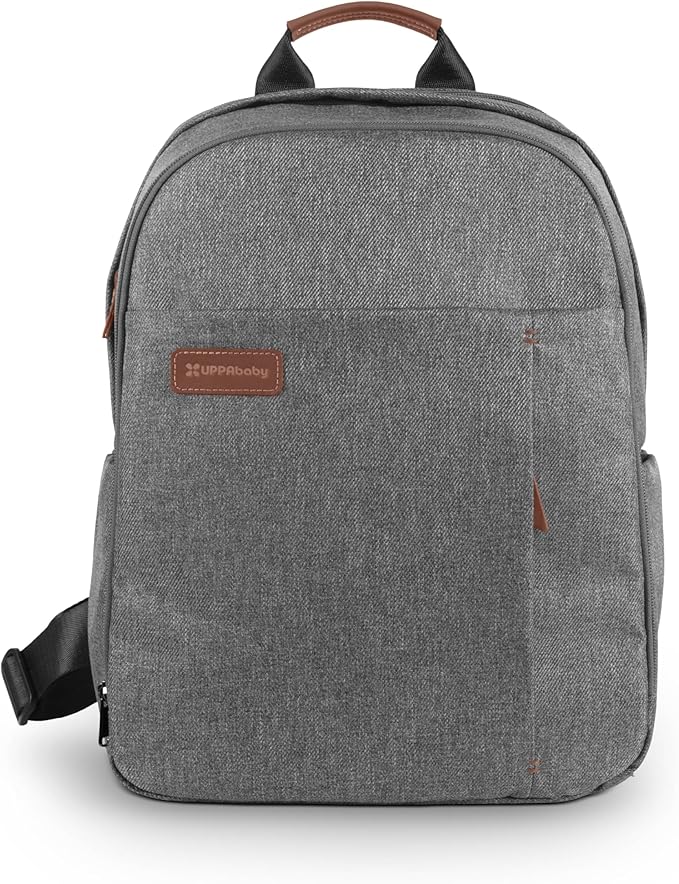 UPPAbaby Changing Backpack - Multiple Storage Compartments - Side Bottle + Laptop Pockets - Trolley Sleeve - Stroller Strap Attachment - Greyson - Charcoal Mélange| Saddle Leather