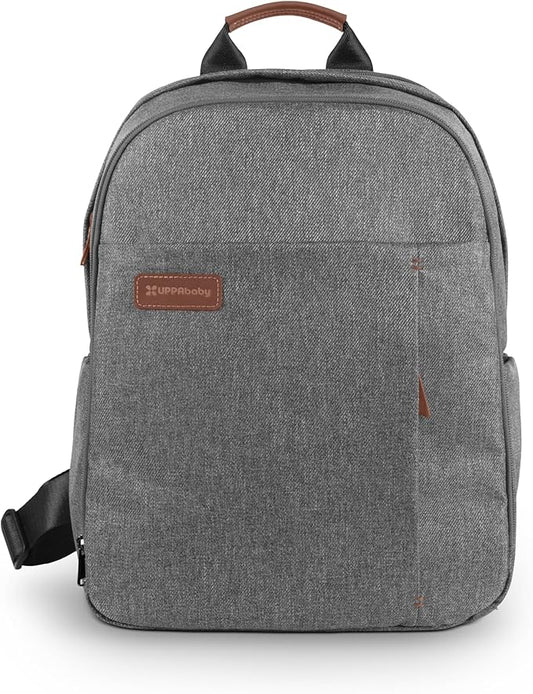 UPPAbaby Changing Backpack - Multiple Storage Compartments - Side Bottle + Laptop Pockets - Trolley Sleeve - Stroller Strap Attachment - Greyson - Charcoal Mélange| Saddle Leather