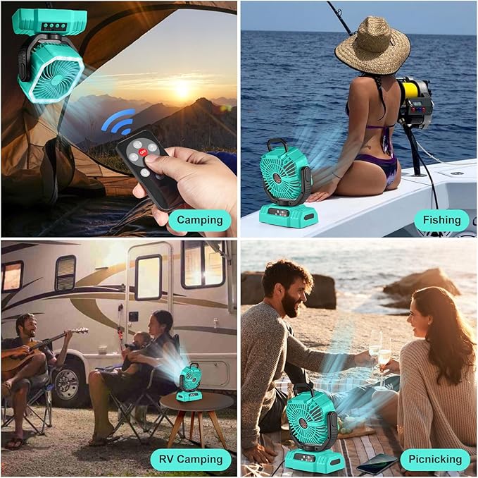 Odoland Portable Camping Fan with LED Lantern, 20000mAh Rechargeable Battery Powered Fan with Auto Oscillation, Timer, Remote, 360° Rotation Hook, 4 Speeds for Power Outage Travel Home, Cayan