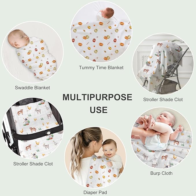 70% Rayon Made from Bamboo 30% Cotton Muslin Swaddle Blanket, 47 x 47 Inches, Pumpkin Print Baby Receiving Blanket, Soft and Breathable, Unisex, 2 Pack