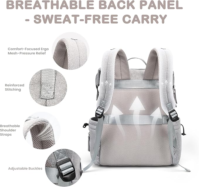 VONAL Neoprene Diaper Bag Backpack with Changing Pad, 33L Large Capacity Neoprene Backpack Baby Diaper Bag with Insulated Pockets, Travel Diaper Backpack Baby with 12 Pockets for Mom & Dad, Gray