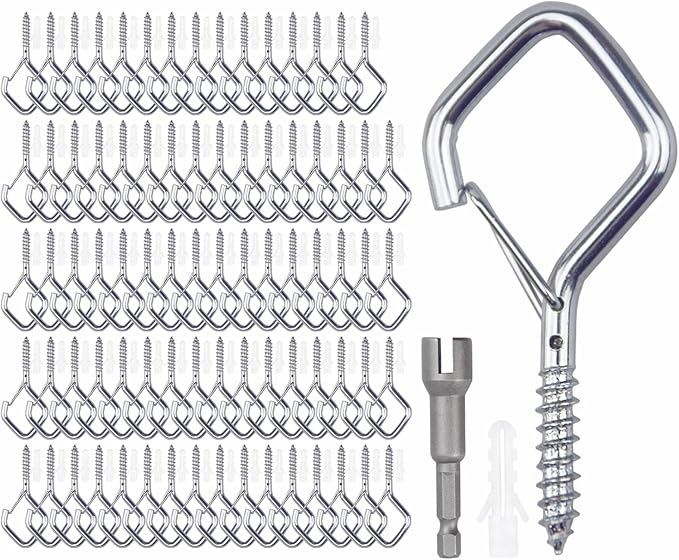 80 Pcs Outdoor Hooks for String Lights,Screw Hooks for Hanging Plants,Ceiling Hooks with Safety Buckle,Square Hanger for Wind Chimes,Bird Feeder,Lanterns,Christmas Decorations Silver