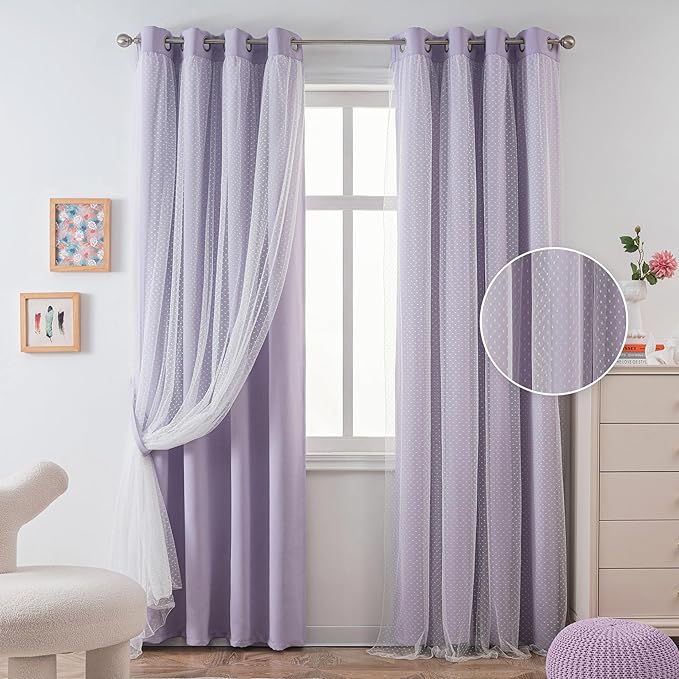 MYSKY HOME Cute Lilac Curtains for Girls Bedroom & Nursery Kids Purple Lavender Blackout Curtains Double Layer with Polka Dots Sheer, Grommet Tops, 52x95 Inch, 2 Panels