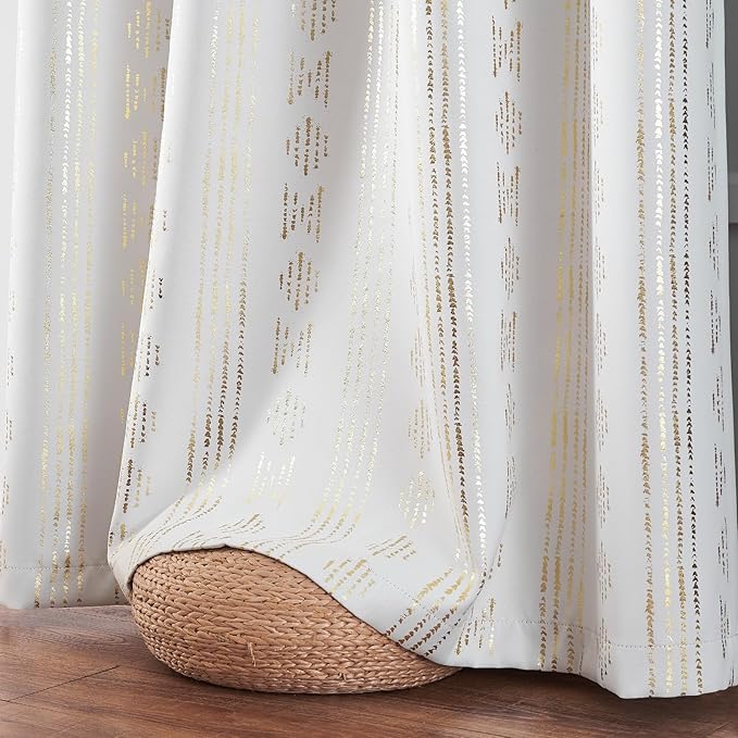 jinchan 95% Blackout Boho Curtains 84 Inches Long for Bedroom Living Room Golden Geometric Foil Printed Curtain Grommet Top Room Darkening Drapes Off White 52 x 84 2 Panels