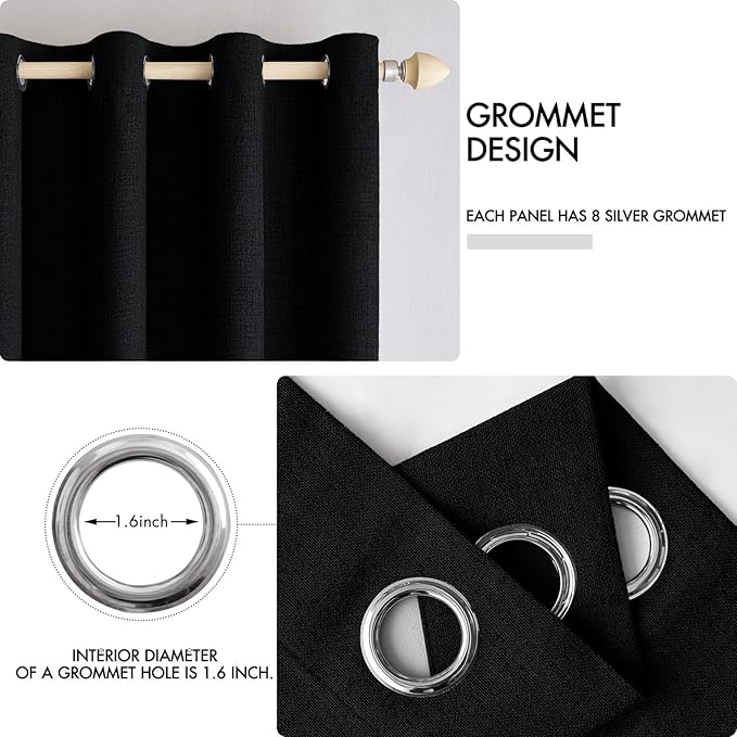 MIULEE Linen Texture Curtains for Bedroom Solid 100% Blackout Thermal Insulated Halloween Black Curtains Grommet Room Darkening Drapes for Living Room Nursery 52x54 Inch (2 Panels)