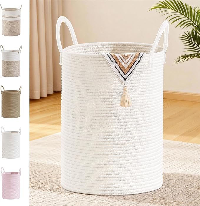 Tall Laundry Basket with Handles, 72L Portable Dirty Clothes Hamper, Boho Cotton Rope Storage Bin for Blankets Kids Toys Gifts, Large Organizer for Baby Nursery Bedroom Bathroom, White