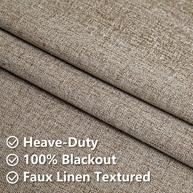 100% Blackout Curtains 90 inch Length 1 Panel Faux Linen Long Drapes for Bedroom Living Room Black Out Room Darkening Curtain Thermal Insulated Back Tab Rod Pocket(W70 x L90, Beige)