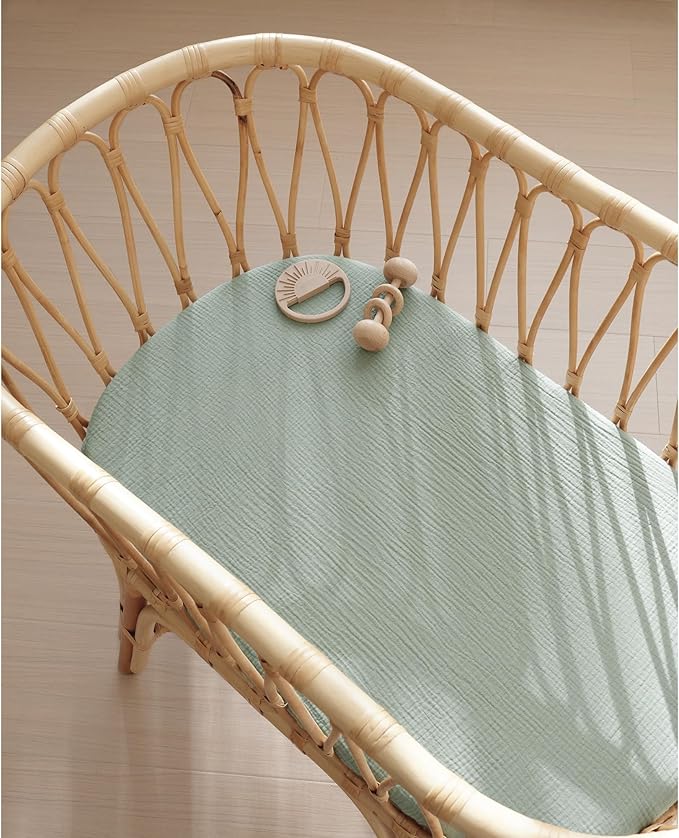 Konssy 2 Pack Muslin Bassinet Sheets for Baby Boy, 100% Cotton Soft Breathable Bassinet Mattress Sheets Fit for Hourglass Oval Cradle Rectangle Mattress (Leafy,Green)
