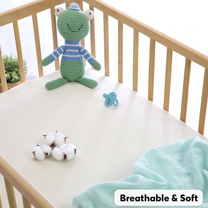 Muslin Baby Crib Sheets Fitted -Crib Sheets Neutral Turkish Cotton, Ultra Soft &Breathable -Organic Cotton Crib Sheets for Boys&Girls, GOTS&Oeko-TEX® Certified (52x28, Vanilla Ice Cream&Minty Green)
