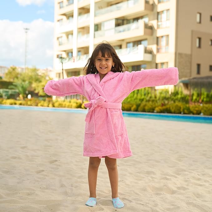 BAGNO MILANO Kids Organic Turkish Cotton Hooded Beach Cover-Up Towel, GOTS Certified, for Boys and Girls (Pink, 13-15 Years)