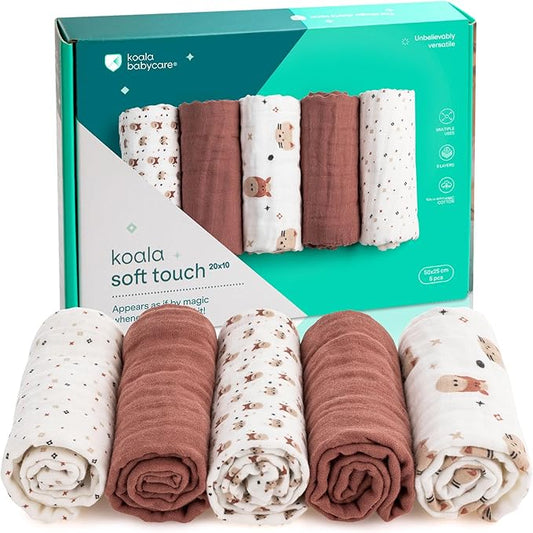 Koala Babycare 5 Pack 20"x10" Muslin Burp Cloths for Baby Boys and Girls - GOTS & Oeko-TEX Cotton Burp Rags for Newborns - Absorbent Neutral Burping Cloths for Feeding - Washable Baby Bibs Essentials