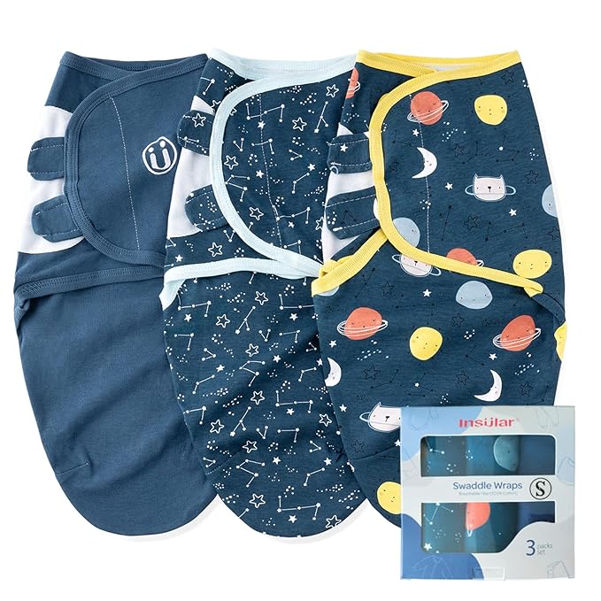insular Baby Swaddle Wrap, Swaddle Blanket for Newborn and Infant, Adjustable Swaddling Set for Boy and Girl, Soft Cotton Baby Sleep Sack 3 Pack, Space, Small(0-3 Month)