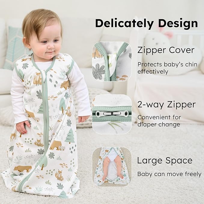 FIEMOL Baby Sleep Sack 6-12 months, 100% Cotton Sleeping Sack for Newborn and Infant, 3 Pack Baby Wearable Blanket, 0.5 Tog Lightweight Double Zipper Sleep Bag Medium Green Forest Bear