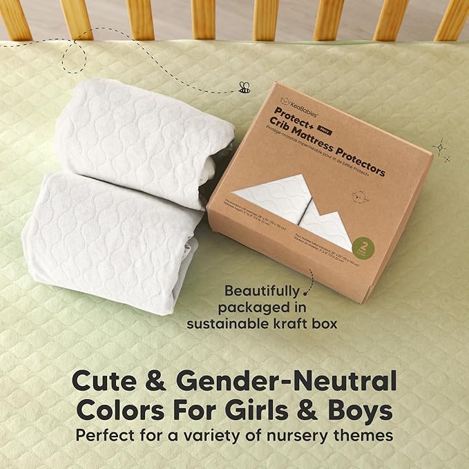 2-Pack Waterproof Crib Mattress Protector Cover Fitted - Quiet Baby Crib Mattress Pad Sheets, 52" x 28" Soft Quilted Cotton Baby Sheet, Machine Washable, Easy Fit, Durable (Soft White/Mavy)