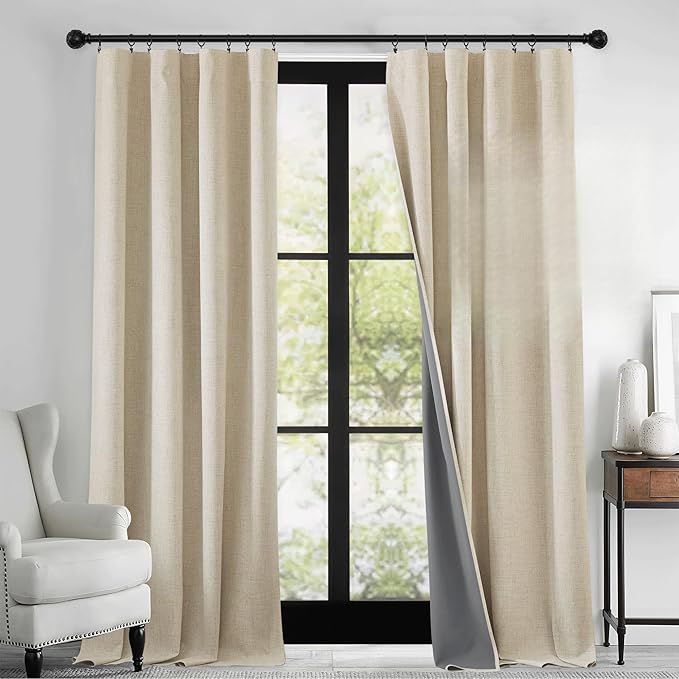 RYB HOME Warm Sand 100% Blackout Curtains for Bedroom, Linen Drapes Back Tab&Rod Pocket, Thermal Insulated Privacy Assurd Curtains for Sliding Glass Doors/Dining/Living Room, W52 x L108, 2 Panels