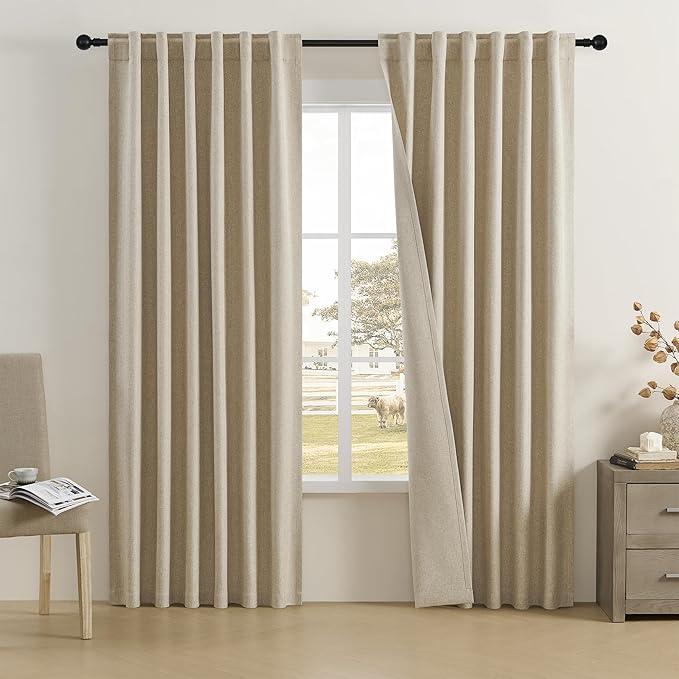 DUALIFE Taupe Linen Curtain 84 Inches Long for Bedroom/Living Room Thermal Insulated Sun Block Out Back Tab and Rod Pocket Dining Room Curtains Drapes 2 Panels - Taupe Tan,W50 x L84