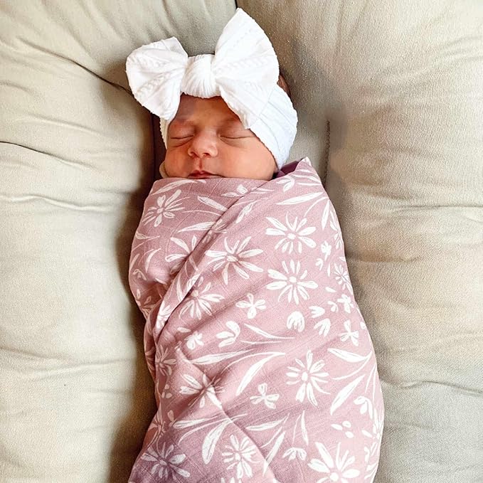 LifeTree Swaddle Blankets Baby Girl, 2-Pack Super Soft 70% Viscose Bamboo and 30% Cotton Muslin Swaddles Blankets (Large 47" x 47"), Mauve Floral & Blush Leopard Pattern, Newborn Baby Registry