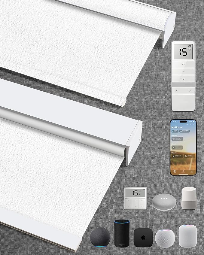 Kincmo Motorized Blinds with Remote,100% Blackout Motorized Roller Shades Work with Apple Homekit,Alexa,Google, Custom Electric Blinds with App,Voice Control (Classic White)