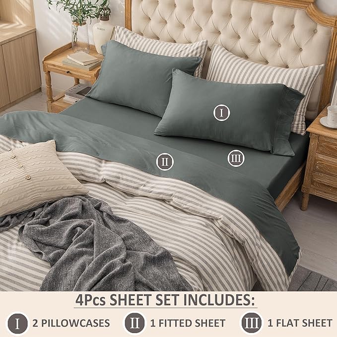 PURE ERA Jersey Knit 4pc Bed Sheet Set 100% T-Shirt Cotton Super Soft Comfy Breathable Fits Mattress Up to 20" Extra Deep Pocket (Solid Dark Greenish Gray, King)