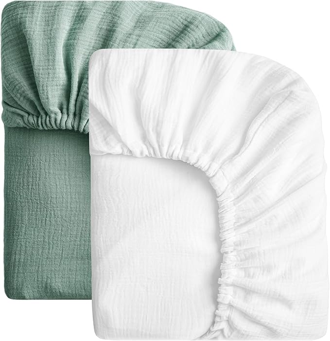 SOULFUL Muslin Crib Sheets for Boys Girls, 2 Pack Soft and Breathable Cotton Fitted Crib Sheets for Standard Crib Mattress (28"x 52", White & Green)