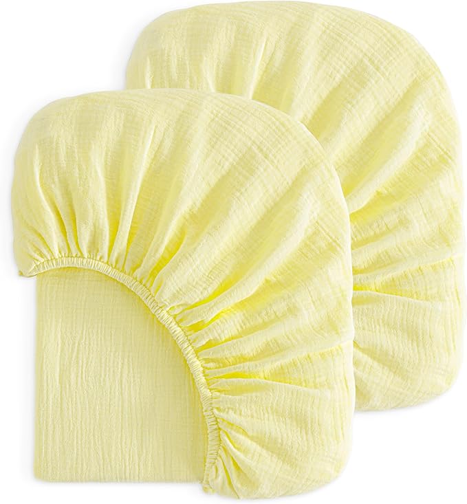 NTBAY 2 Pack Muslin Cotton Crib Sheets, Soft and Breathable Double Layer 28x52 Baby Crib Sheets for Standard Crib and Toddler Mattresses, Boys, Girls, Unisex, Light Yellow, 28x52 Inches