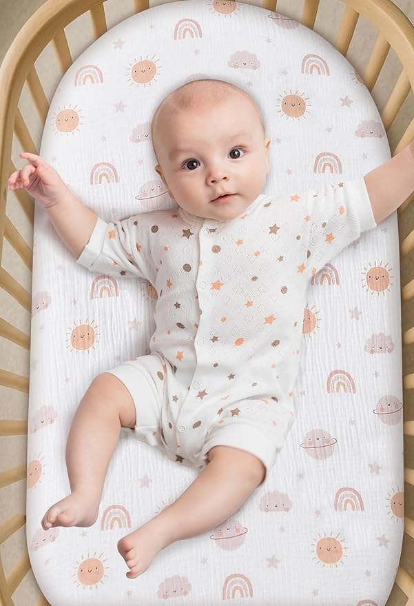 Organic Cotton Muslin Bassinet Sheets, 2 Pack – Soft, Breathable, Universal Fit for Oval, Rectangle & Hourglass Mattresses, Machine Washable, Neutral Colors for Baby Boys & Girls